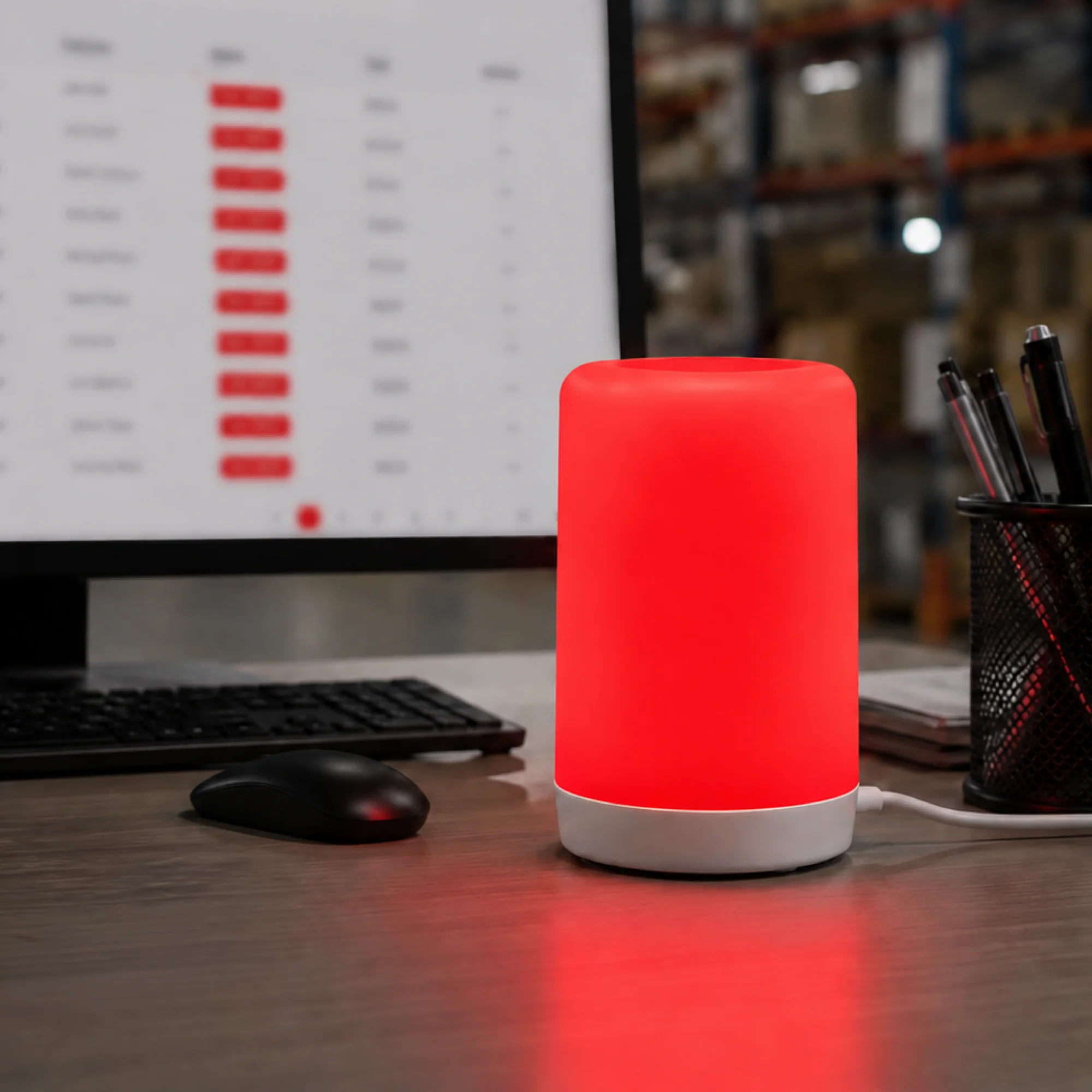 Luxafor Signal notification light glowing red on a packing desk, visible from across the room