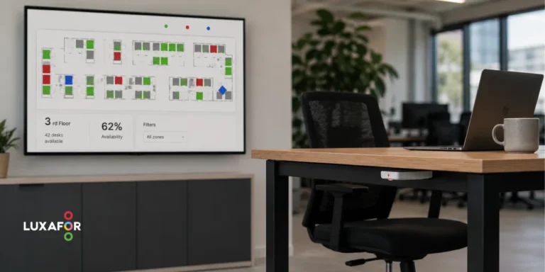 Wireless desk occupancy sensor mounted under a desk in a hybrid office, with a live desk availability map on a nearby screen
